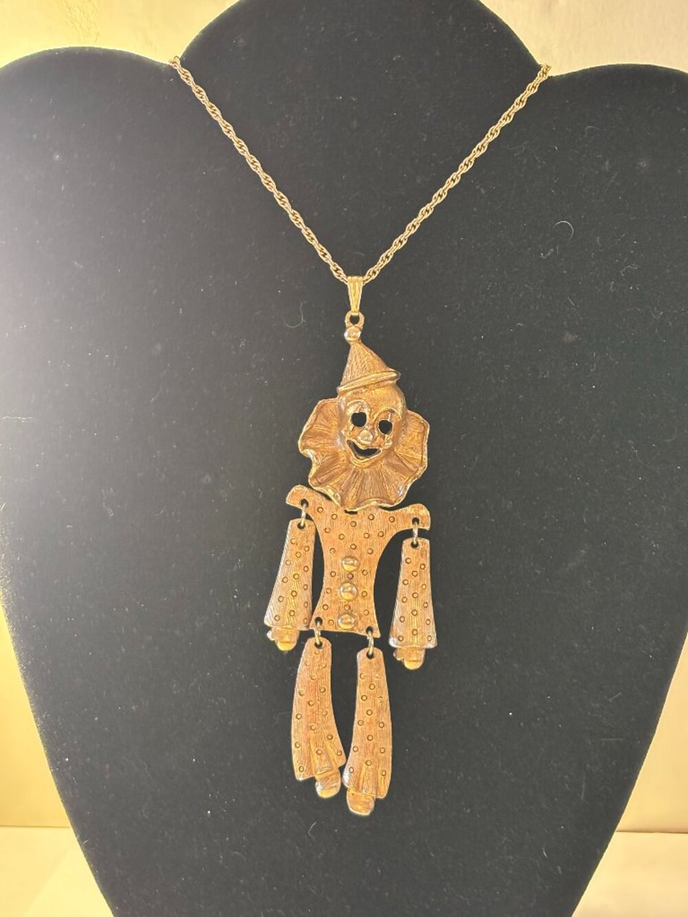 Vintage Gold Tone Articulated Dangling Clown Pendant or Brooch Necklace
